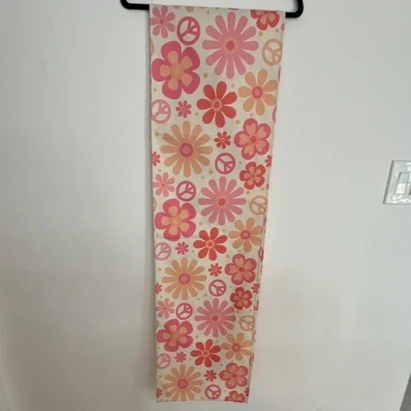 Retro Floral Peace‎ Sign Canvas Table Runner Pink Orange Hippie 90 x 13 inches