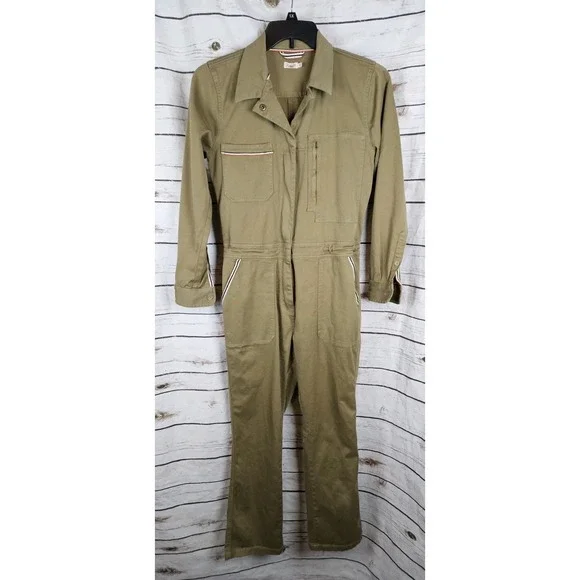 Faherty Utility Flight Jumpsuit S Olive Army Green Zip Front Womens Twill