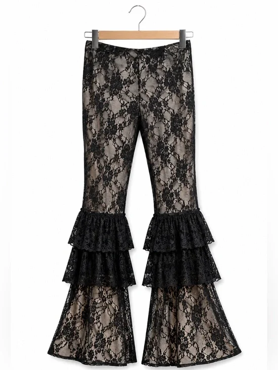 Gothic Black Lace Bell Bottom Ruffle Pants Sheer Festival Goth