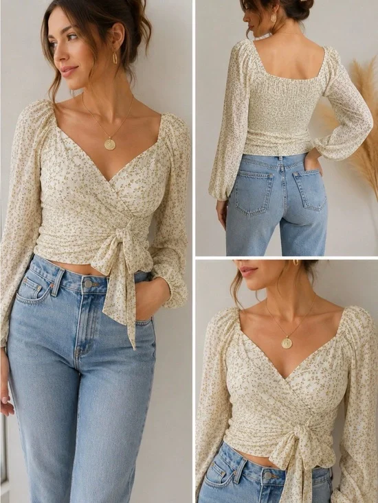 ANTHROPOLOGIE XS IVORY FLORAL EMBROIDERED WRAP BLOUSE TIE FRONT LONG SLEEVE BOHO