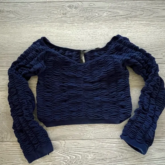 Navy Textured Long-Sleeve Crop Top