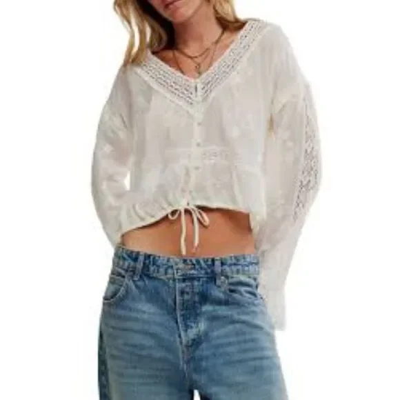 Free People Sweet Love Blouse Crochet-Trim Embroidered Peasant Blouse Size XL