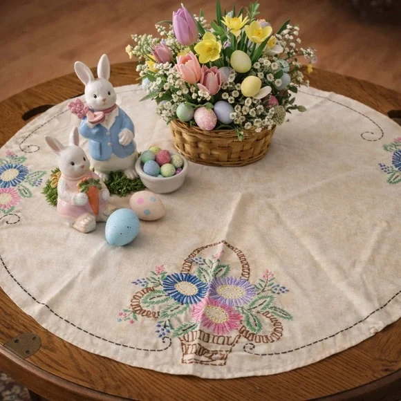 Vintage Embroidered Round Tablecloth or Doily