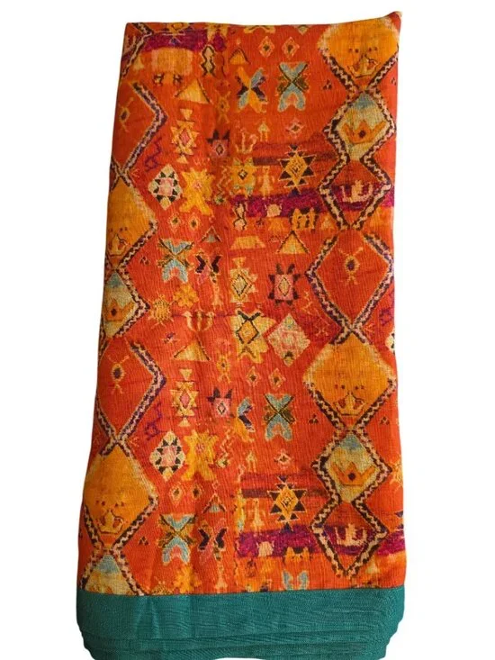 VTG Boho Geometric Tribal Cotton Gauze Table Runner Panel Orange Teal 34x132