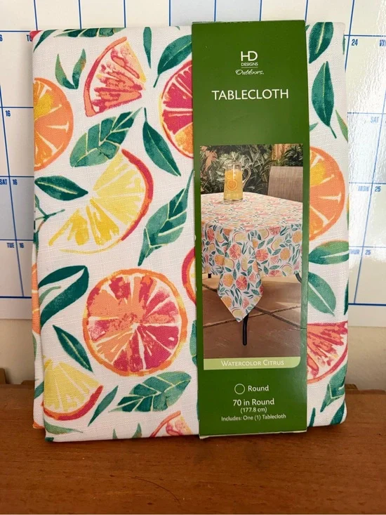 70in Round Outdoor Tablecloth 100% Polyester NEW Watercolor Citrus HD Designs