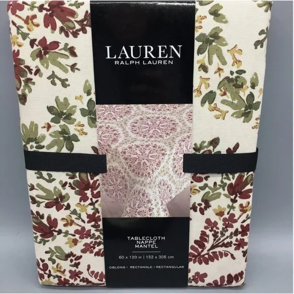Ralph Lauren Floral Medallion Tablecloth Rusty Burgundy Green 60x120 Fall Decor