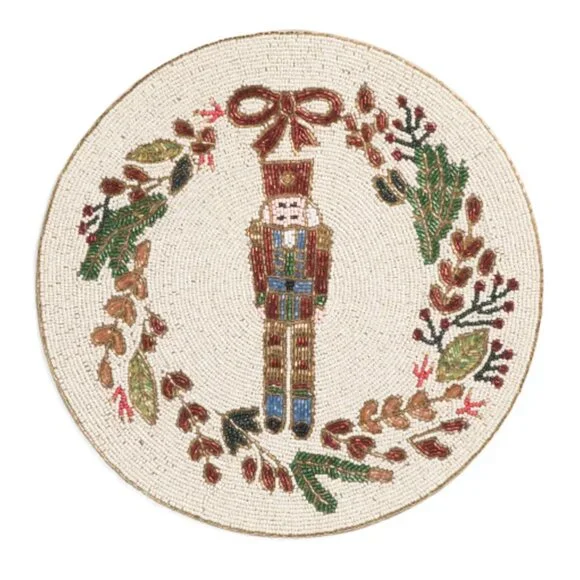 x4 Tahari Christmas Nutcracker Wreath Bow Beaded Placemat Set 15