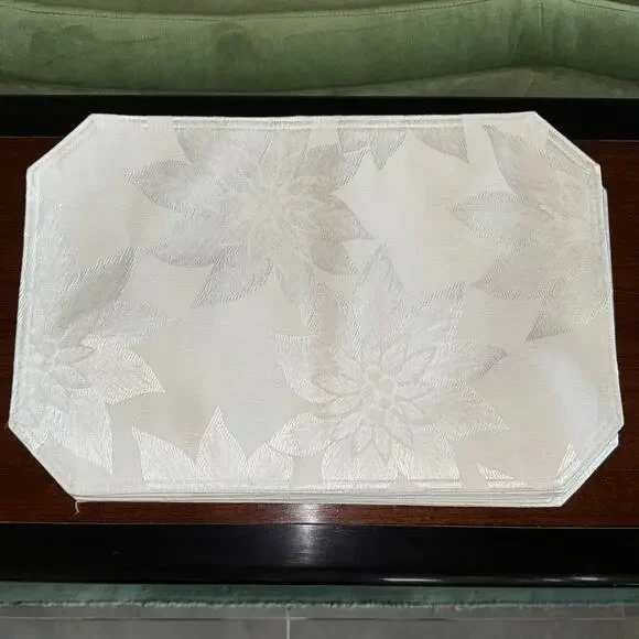 Set‎ of 7 White Woven Poinsettia Pattern Placemats with Cut Corners
