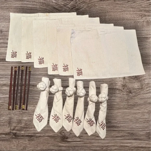 Set Of 6‎ Place Settings - Chinese Blessing Placemats/Napkins/Rings/Chopsticks