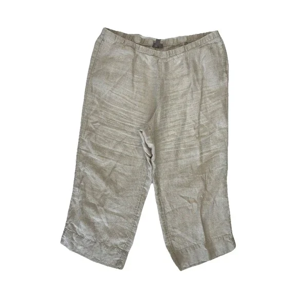 J Jill Tan Linen Wide Leg Capri CropPants Sz LP Pull-on Baggy Lagenlook Coastal