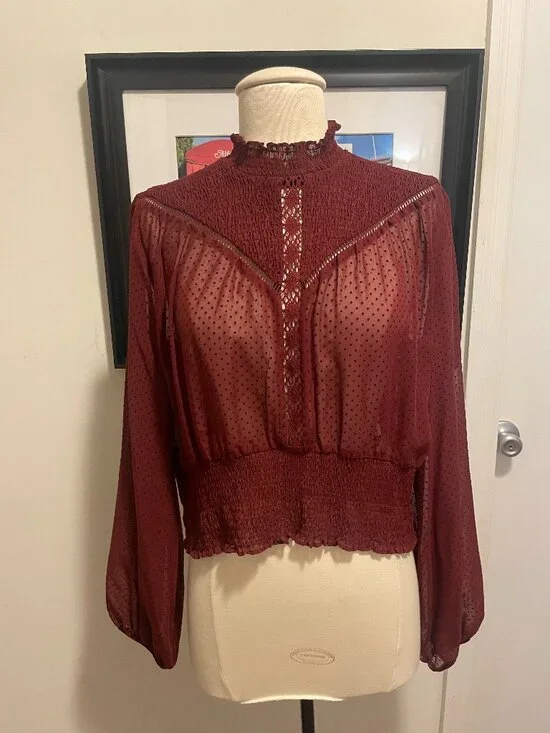 Zara smocked + Crocheted sheer high neck sheer blouse size XL