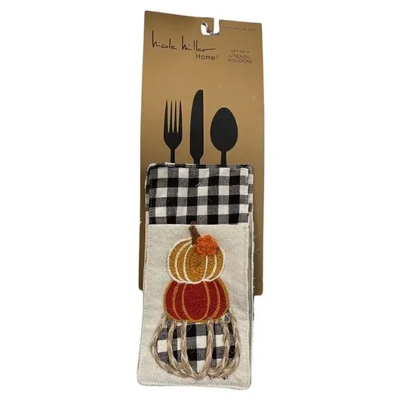 Nicole Miller Pumpkin Gourd Crewel Embroidered Utensil Holders Set of 4 NWT