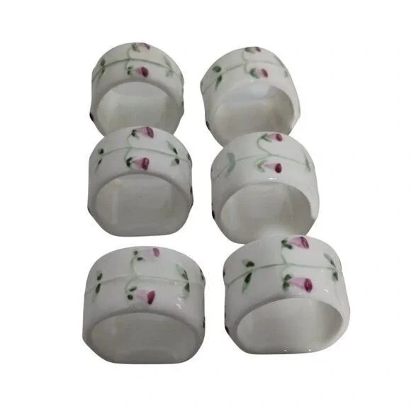 Vintage Porcelain Napkin Rings Set of‎ 6 Hand Painted Floral Made in Philippines