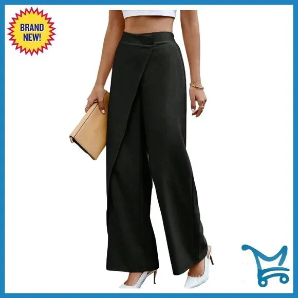 Elegant Wrap Front High Waisted Wide Leg Work Pants Polyester