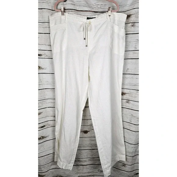 Ralph Lauren White 100% Linen Pants 20W NEW Wide Leg Womens Coastal Drawstring