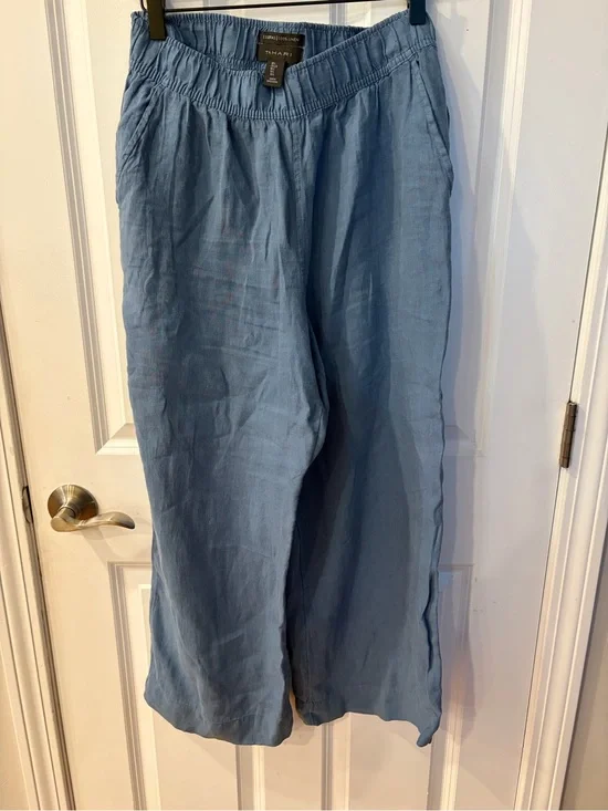 Tahari Blue 100% Linen Elastic Waist Pants