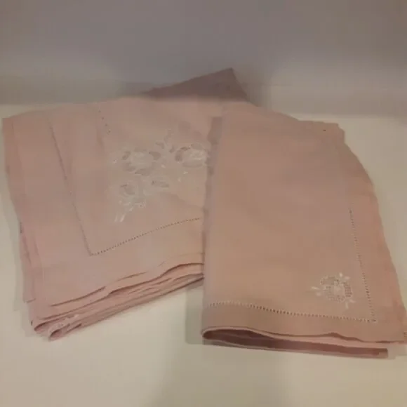 Vintage Tablecloth & Napkin Set Ladder Hemstitch & Floral Palest Pink Romantic