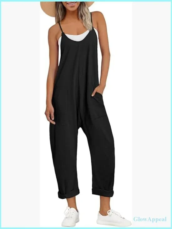 Sleeveless V-Neck Cotton Romper with Side Pockets, Loose Fit Summer Jumpsuit