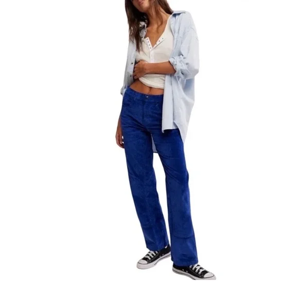 Free People We The Free Risk Taker High‎ Rise Straight Corduroy Pant Blue 28 NEW
