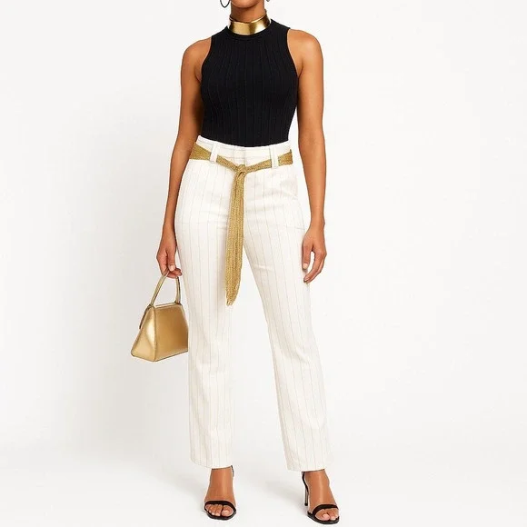DFA New‎ York Wide Leg Pants Ivory Gold Pinstripes Size 10 Tassel Belt Y2K Retro