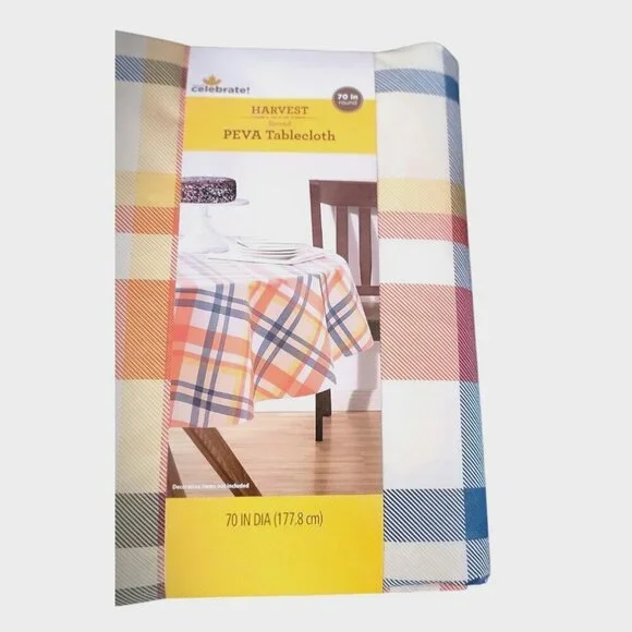Harvest Peva Round Plaid Red, Gold, Gray Tablecloth 70 inches - NWT‎