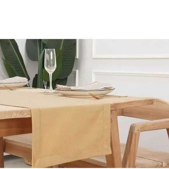 NWT New PurpleEssences Beige Hemstitch Table Runner Cotton 14 x 72