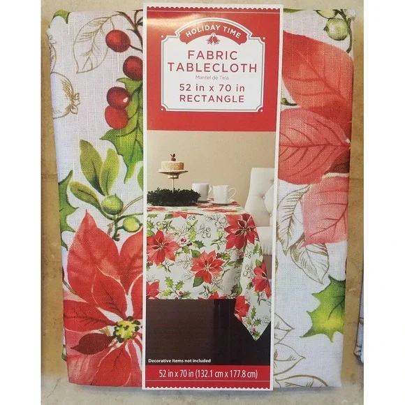 HolidayTime Fabric Tablecloth Traditional Poinsettia‎ Rectangle 52inx70in NEW