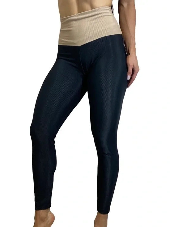 ONZIE Black Taupe Hot Yoga High Rise Ribbed Midi Active Workout Leggings Size XS