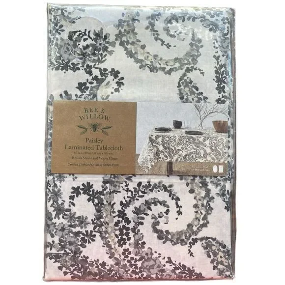 Bee & Willow Gray Paisley Laminate Tablecloth 60 X 120 Resists Stains Wipe Clean