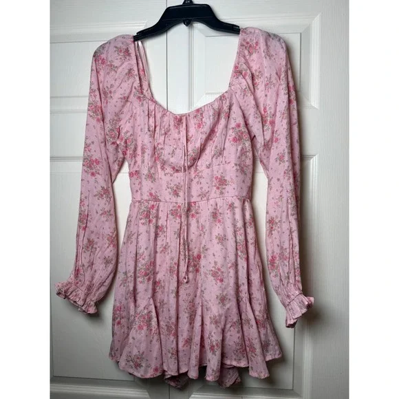 Trixx Pink Floral Long Sleeve Romper Cottagecore Square Neck Rose Print S