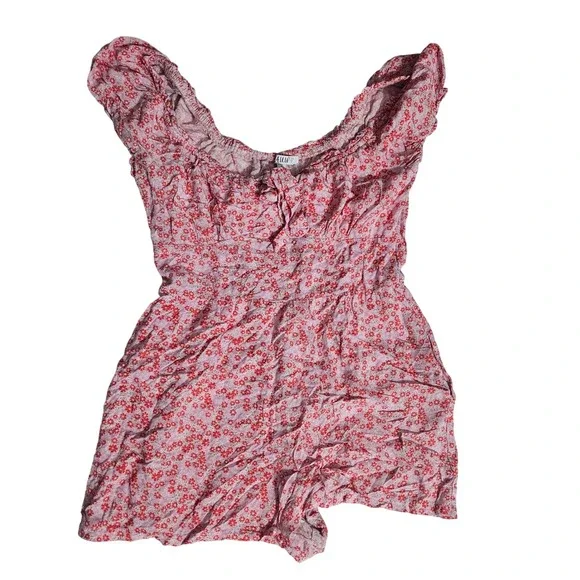 AUW Pink Red Floral Smocked Waist Romper Womens Small Ruffle Neck Short Sleeve