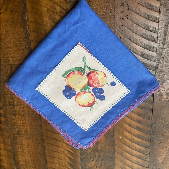 Handmade Handstitched Tablecloth Fruit 34x34” Blue Red Stitching