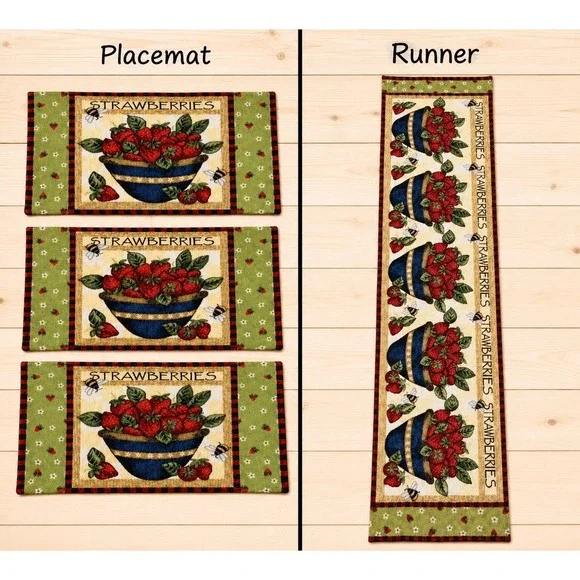 Strawberry Bowl Table Runner 70 in Unlined Jacquard Tapestry Wi/ 3 Placemats [Z]