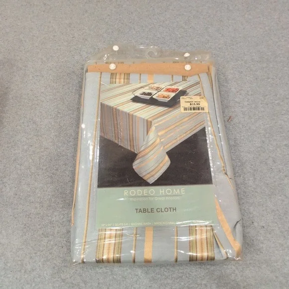 Rodeo Home Table Cloth Rectangular Striped Moss Aqua Tan Seats 6-8 New