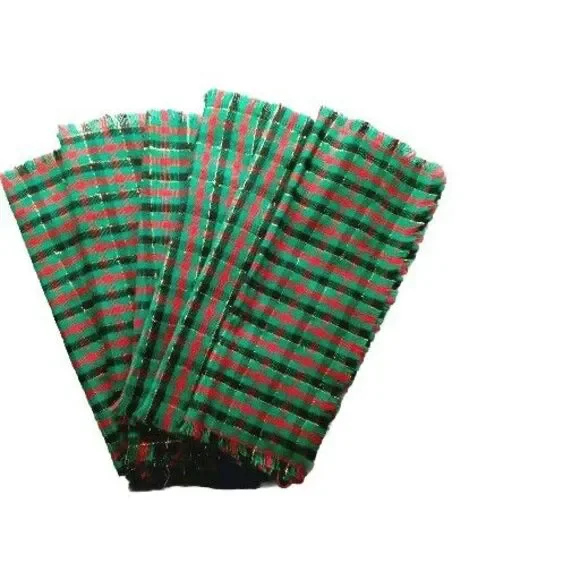Christmas Napkins Plaid Cloth 6 Red Green Fringe Gold Metallic Sparkle Vintage