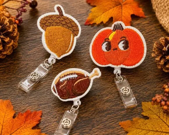 3 Pc Thanksgiving Retractable Badge Reel Set Acorn Pumpkin Turkey Fall ID Holder