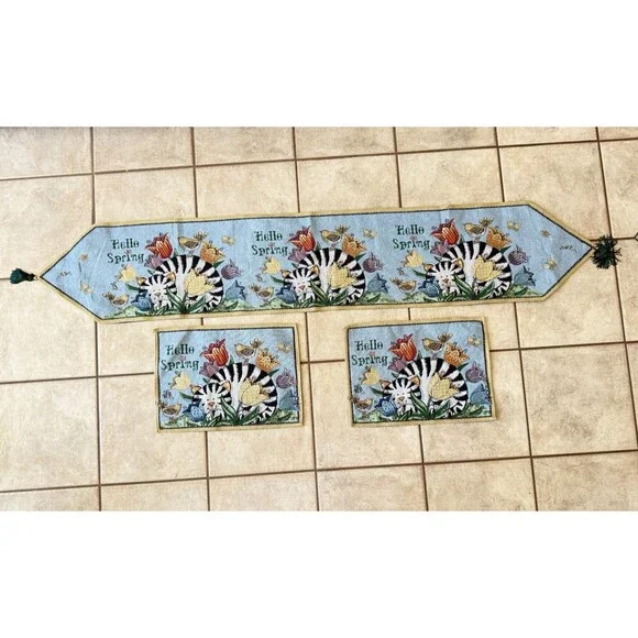 Springtime Cat Butterfly Bird Floral Tapestry Long Table Runner And 2 Placemats
