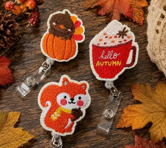 3 Pc Fall Thanksgiving Retractable Badge Reel Set Pumpkin Squirrel ID Holder