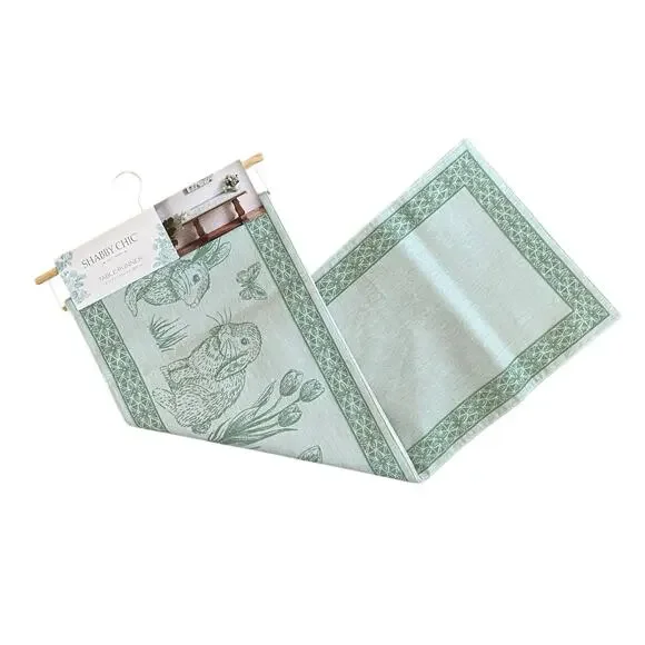 Shabby Chic Bunny Rabbit Cotton 14x72 Table Runner Pastel Green Spring Easter