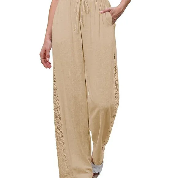 Linen Wide Leg Pants High Waisted Crochet Panel Elastic Waist Summer