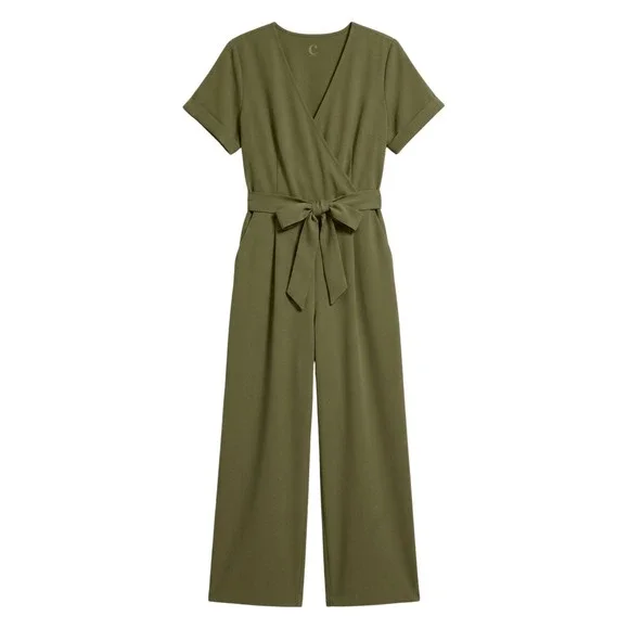 Monteau Jumpsuit Women XS Olive Green Wrap Front Wide Leg Tie Waist Pocket