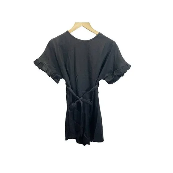 Shein‎ Romper Womens L Black Wrap Tie Short Flutter Sleeves Casual NEW