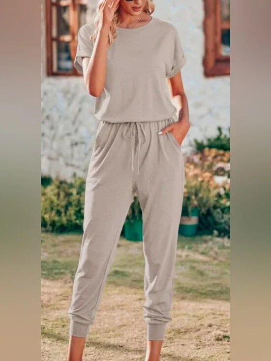 Pretty Garden Drawstring Waist Jumpsuit in Heather Grey With Pockets S