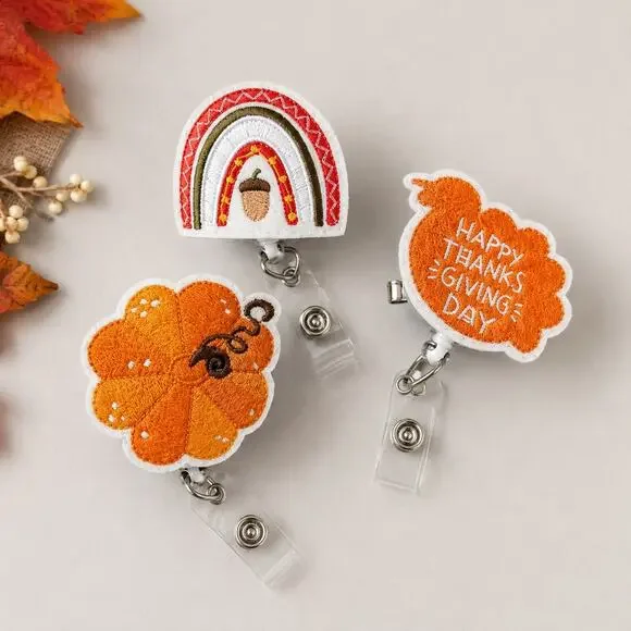 Thanksgiving Retractable Badge Reel Set | 3 Embroidered Fall Nurse ID: rainbow