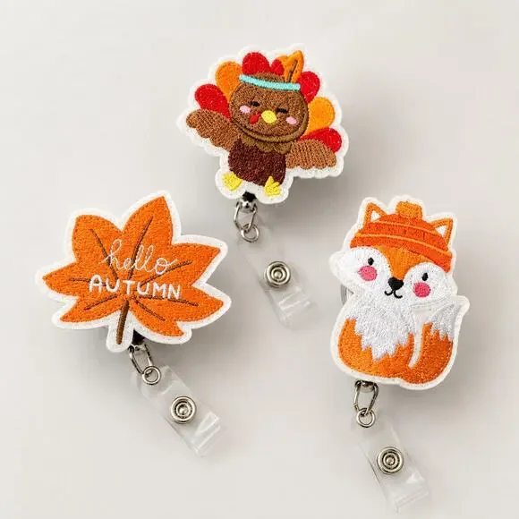 Fall Retractable Badge Reel Set | 3 Embroidered Nurse ID Turkey, Fox Autumn Leaf