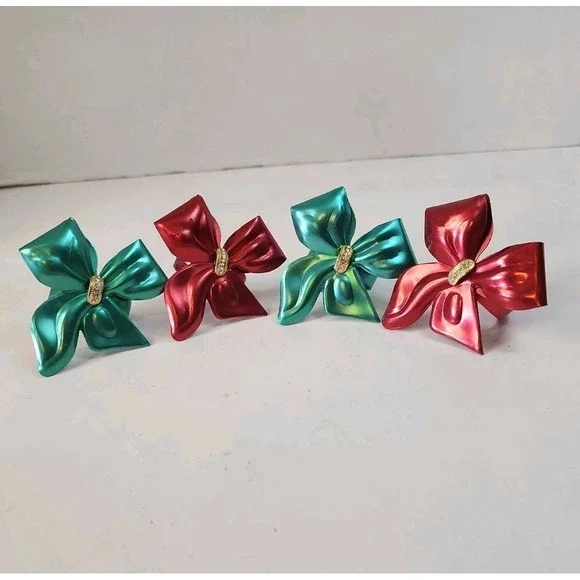 Vintage Metallic Metal Bow Napkin Rings Red Teal Mid Century Retro Set of 4