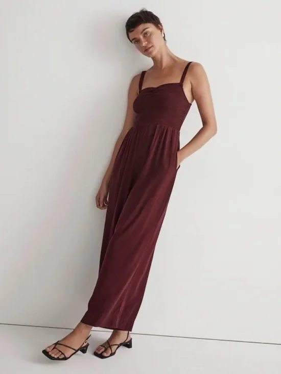 Madewell The Lucie Wide-Leg Jumpsuit Smocked Bodice Cabernet Sz S NWT New