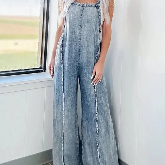 Blue Casual Women's Denim Overalls Washed Trim Sleeveless Wide Leg Jumpsuit