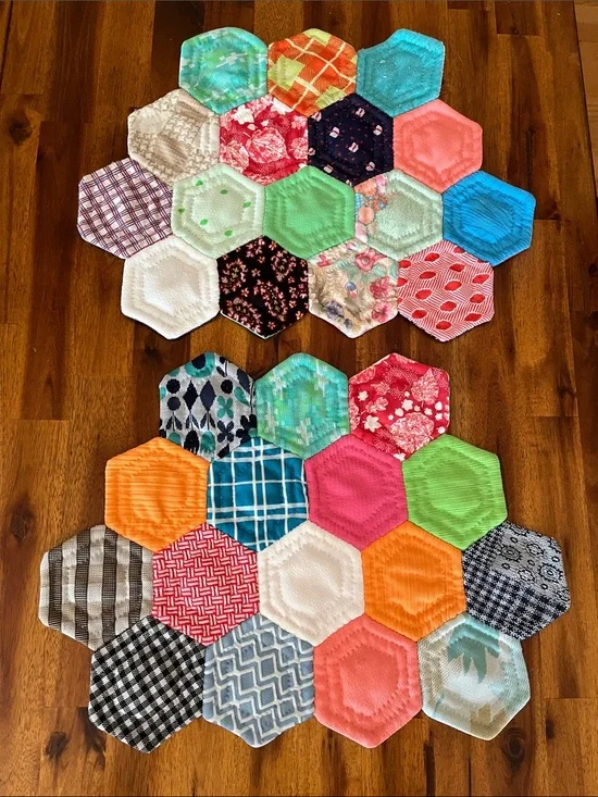 2 Vtg Geometric Handmade Placemats From Old 70s Fabric Pieces MCM Retro