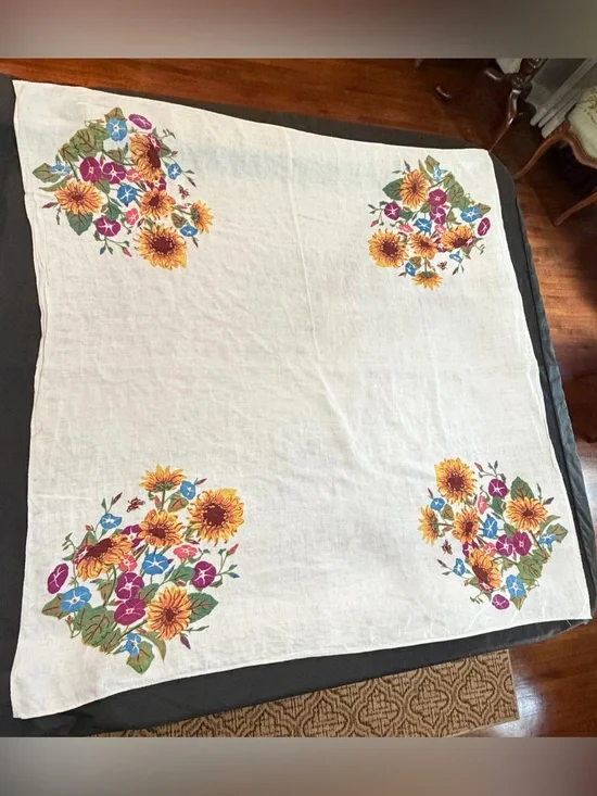 Vintage Printed Linen Tablecloth with Sunflower, Morning Glory & Bee Print